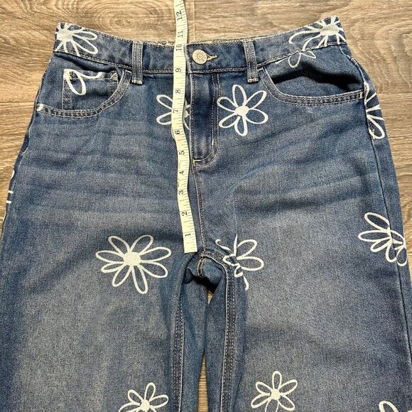 Justice Girls Wide Leg Flower SZ 16 Jeans Side Slit Y2K Floral Denim Daisy 70's - Picture 6 of 15